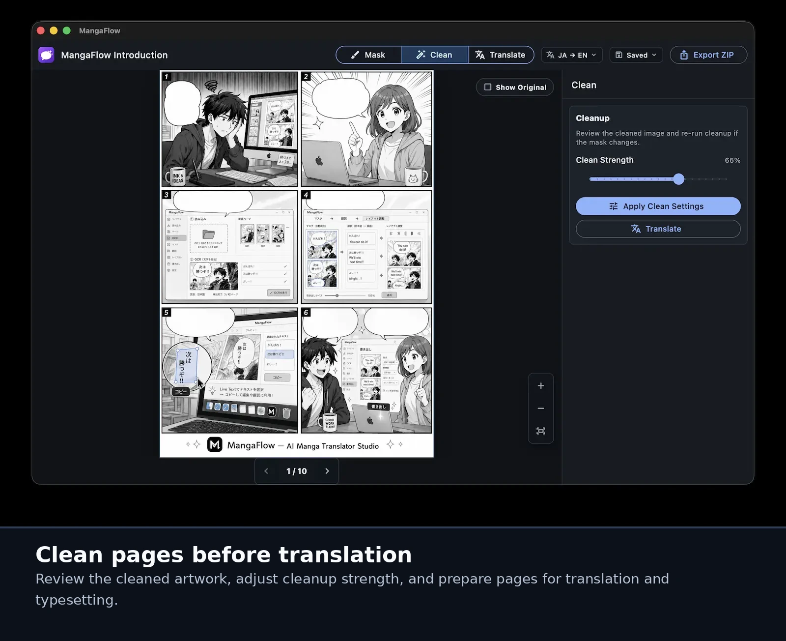 MangaFlow Studio cleanup view showing cleaned manga artwork