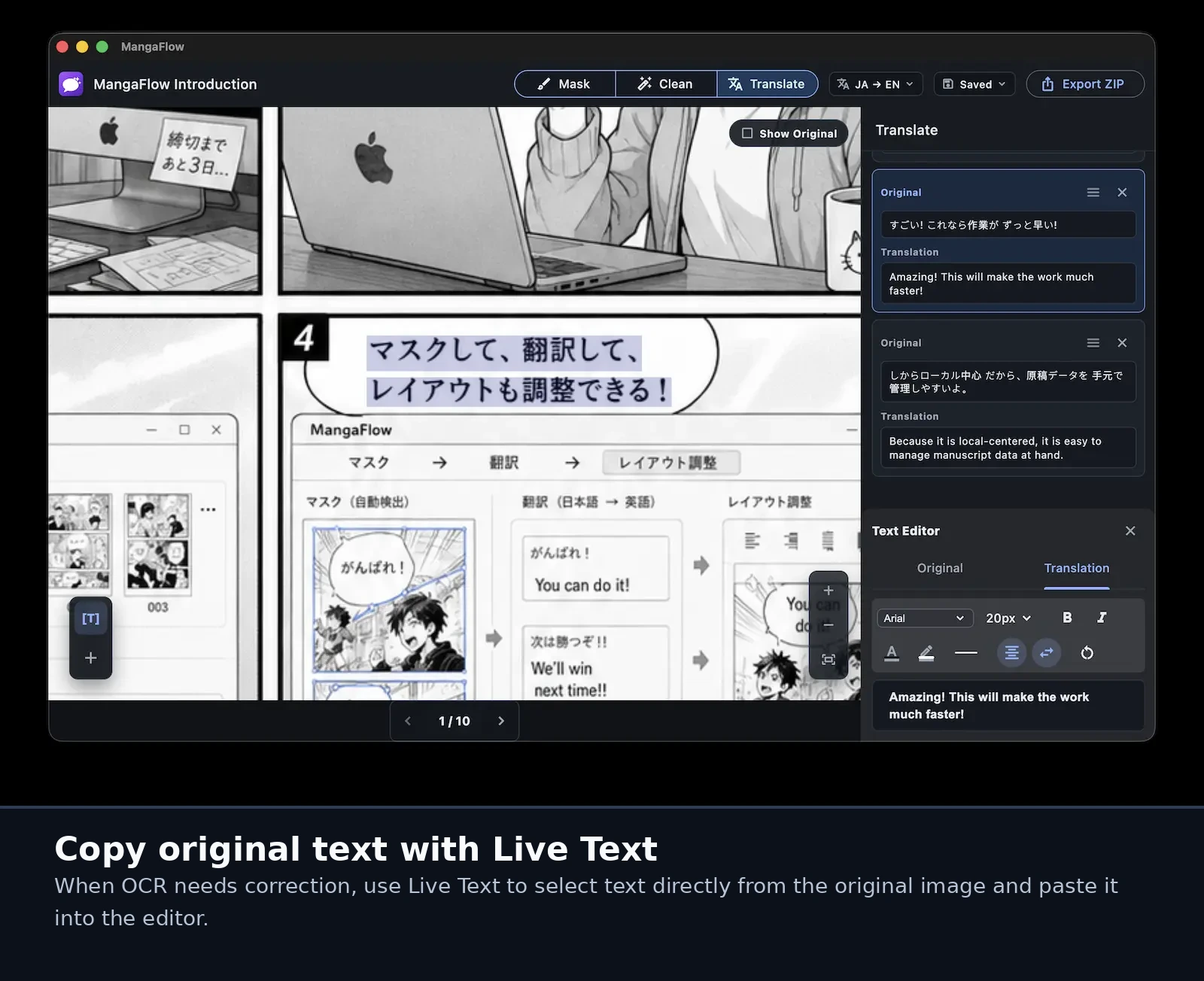 MangaFlow Studio Live Text workflow for copying original page text