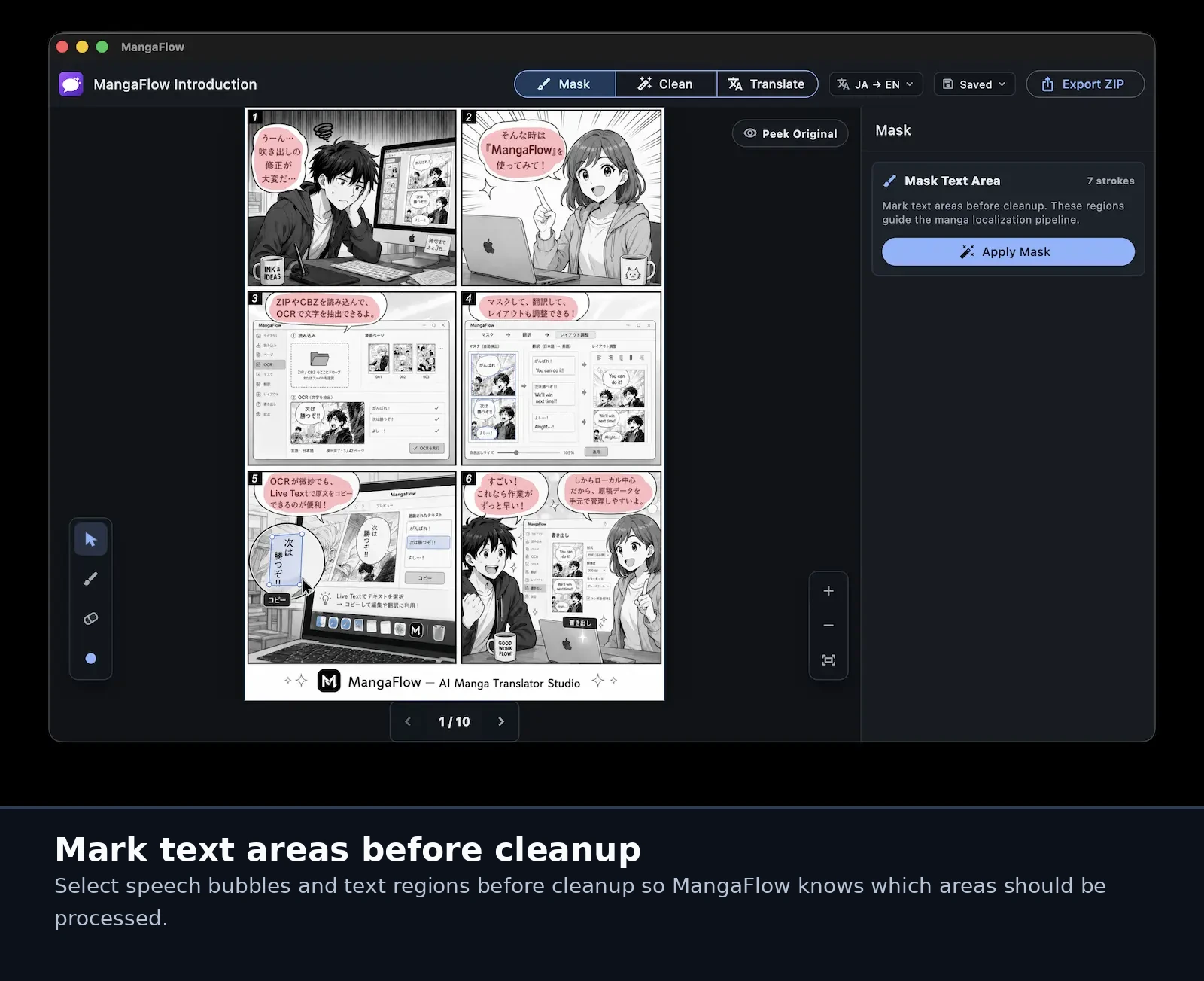 MangaFlow Studio mask editor showing marked text regions