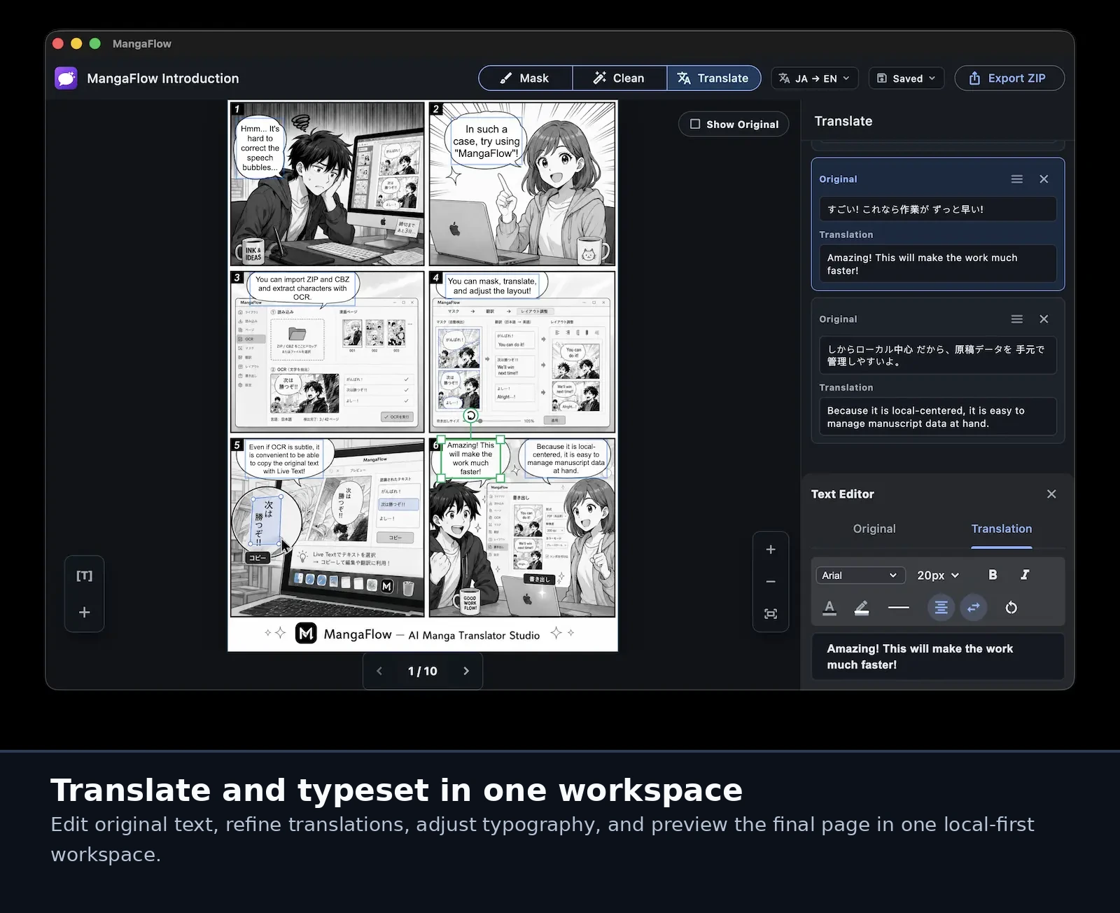 MangaFlow Studio workspace showing translation and typesetting tools