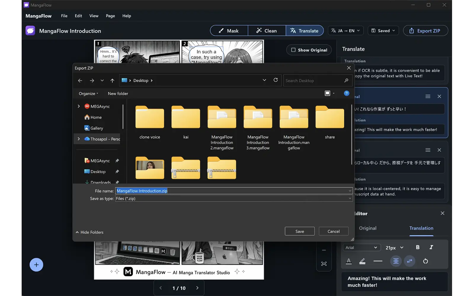 MangaFlow Studio for Windows export workflow for rendered translated pages