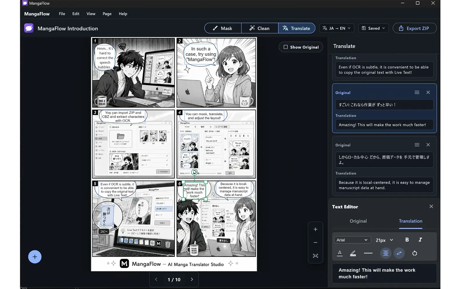 MangaFlow Studio for Windows workspace showing translation and typesetting tools
